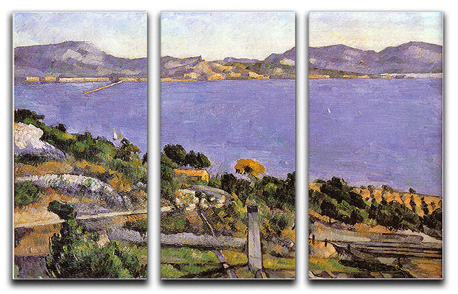 Three-panel canvas art featuring Cezanne's L Estaque vue du golfe de Marseille, showcasing vibrant colors and intricate details.